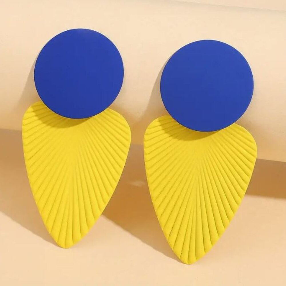 NEW Luna Blue and Yellow Matte Large Geometric Feather Statement Earrings